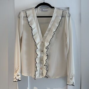 Zara Cream Ruffle-Trim Button Front Blouse with Black Piping
